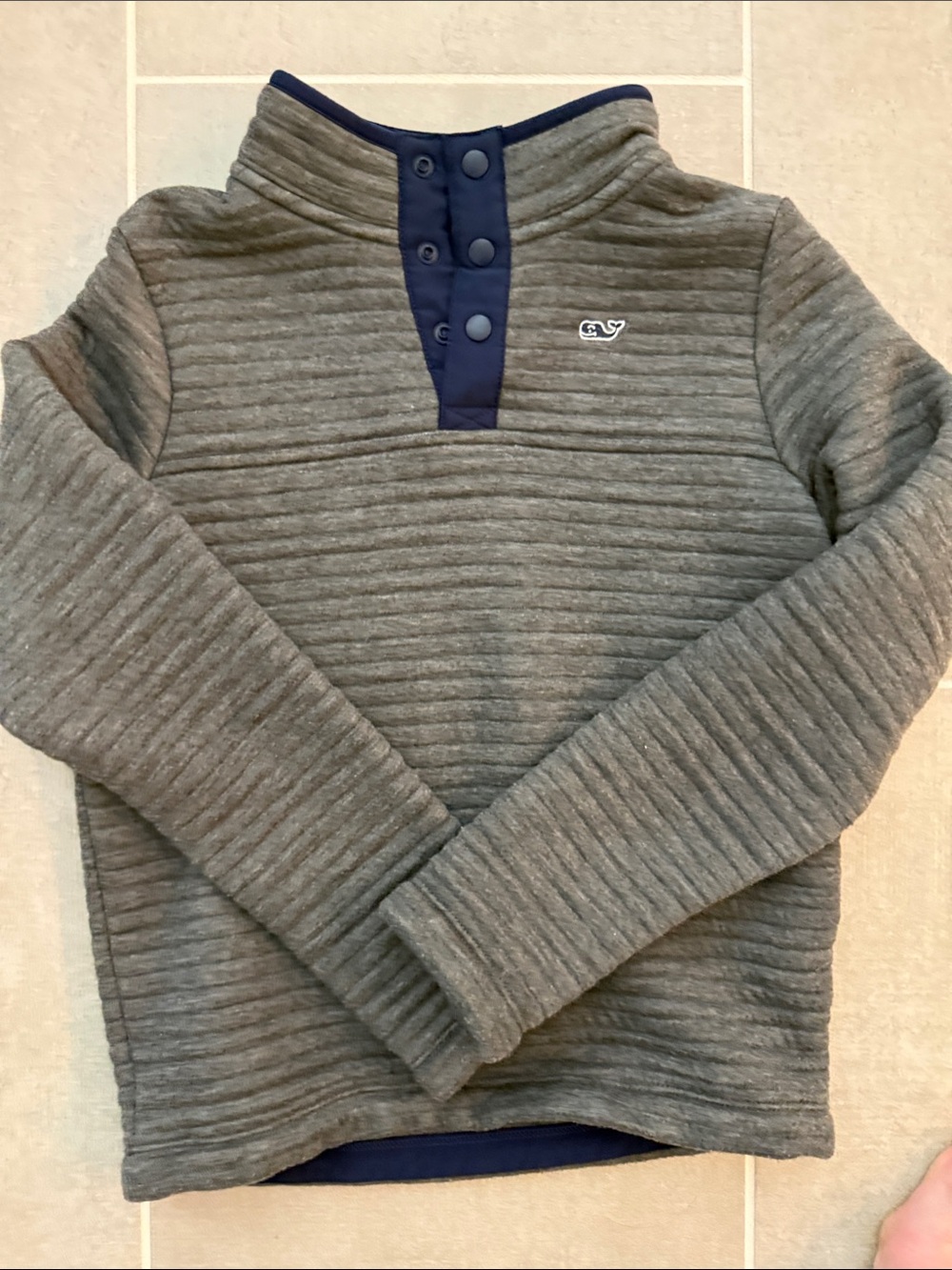 Vineyard Vines boys Gray Quilted Hoodie with Navy Snap Placket